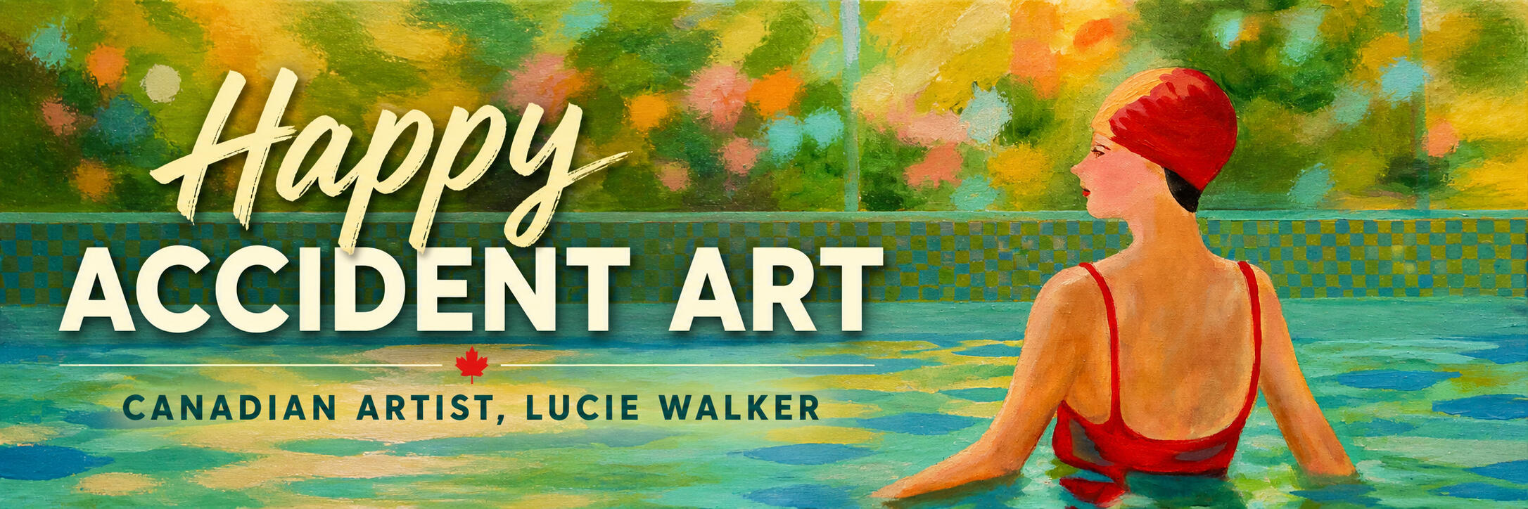 Happy Accident Art logo Happy Accident Art logo over a detail from Morning Swim, showing a retro woman waist-deep in an aqua pool, wearing a red bathing suit in early morning light.