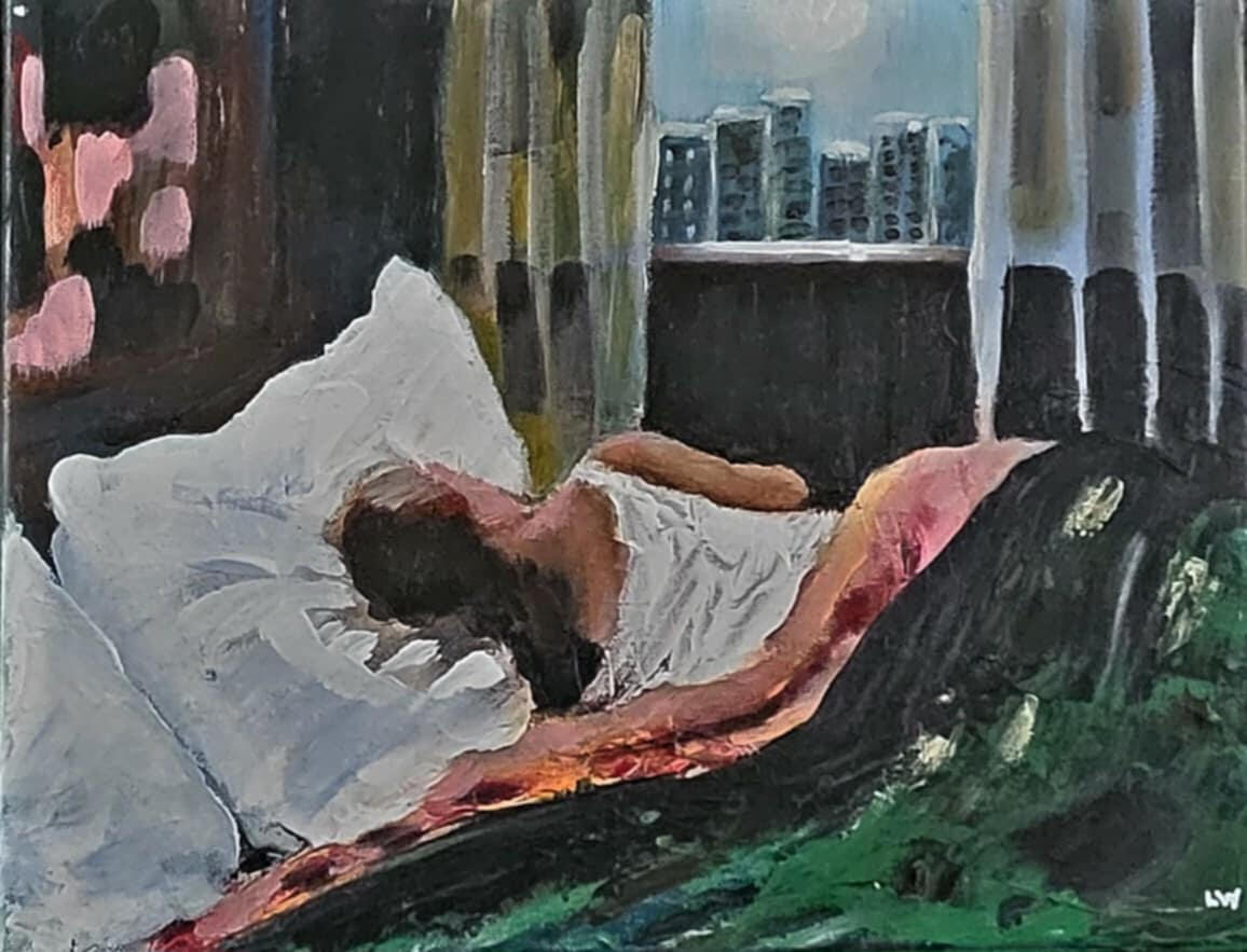 original painting by singerluciewalker of a young woman in a bed, her back away from the viewer, with a city showing out the bedroom window