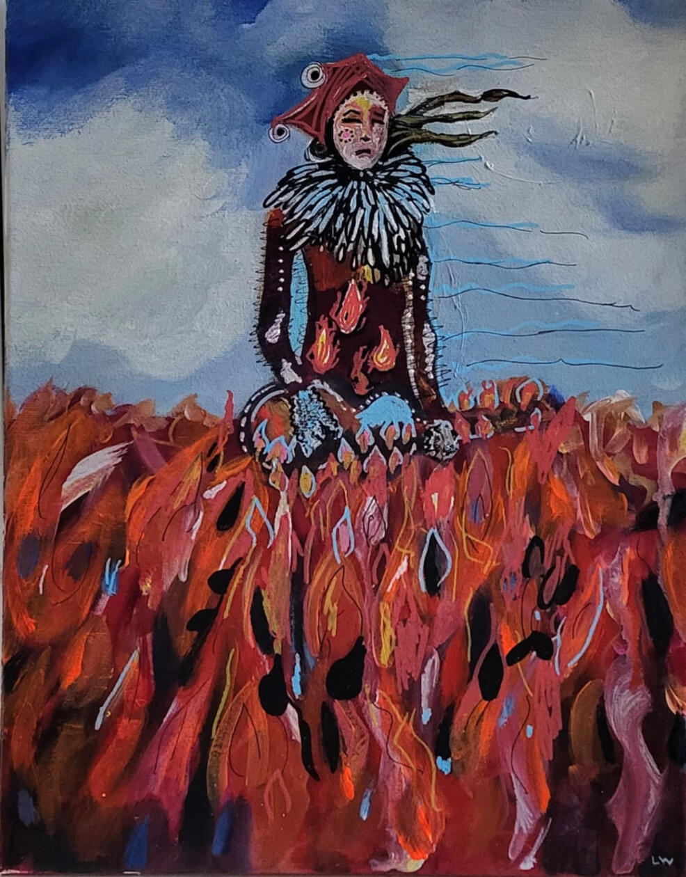 original painting by singerluciewalker of a court jester playing a guitar, with a sad look on his face, standing in flames