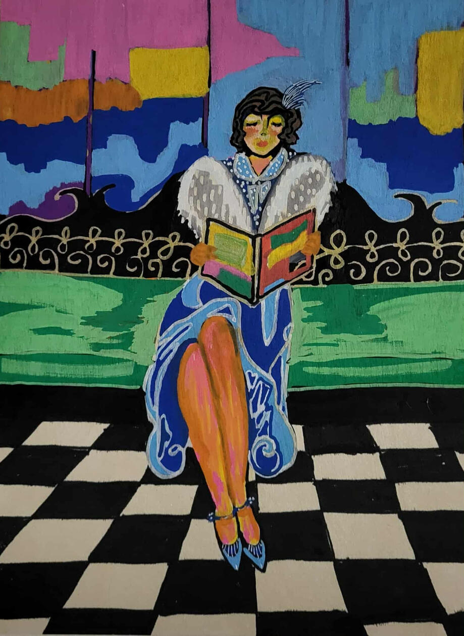 date with a book 8x10 acrylic paint pens on board SOLD
