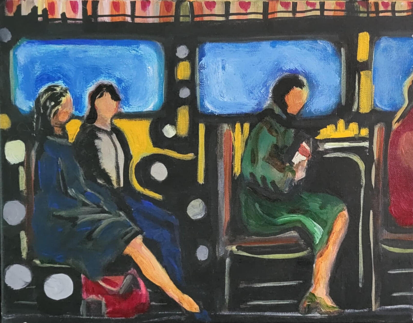 original painting by singerluciewalker of an impressionist-style scene of women on a bus.
