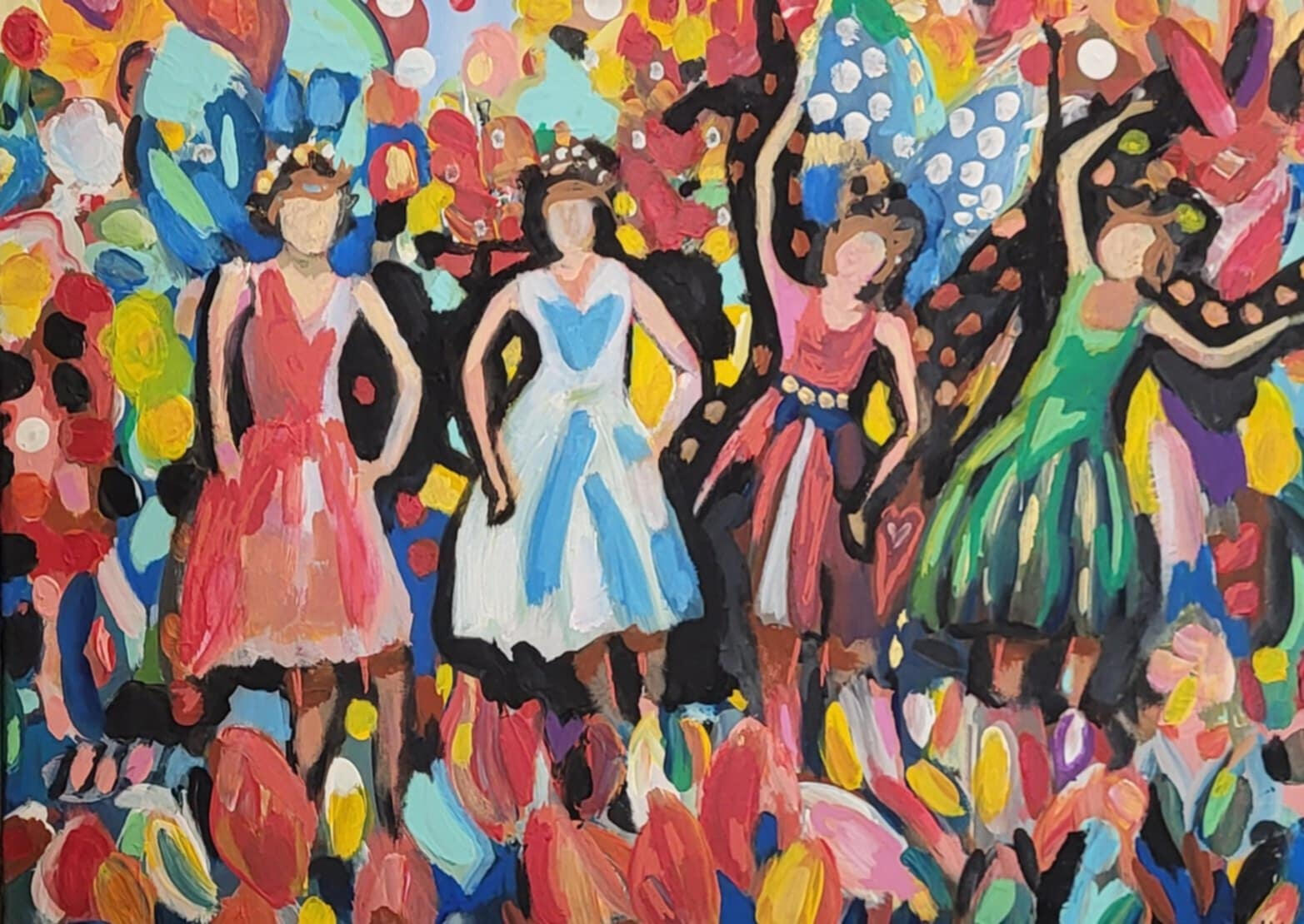 original painting by singerluciewalker of four faceless women in dresses against a busy and color ful bokeh background