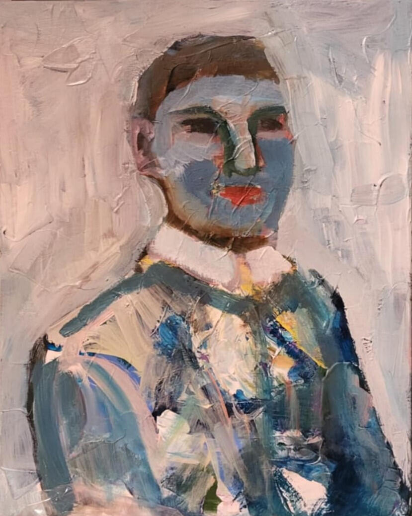 original painting by singerluciewalker of a man with a blue face and red lips wearing a formal blue and white suit coat, against an off-white background