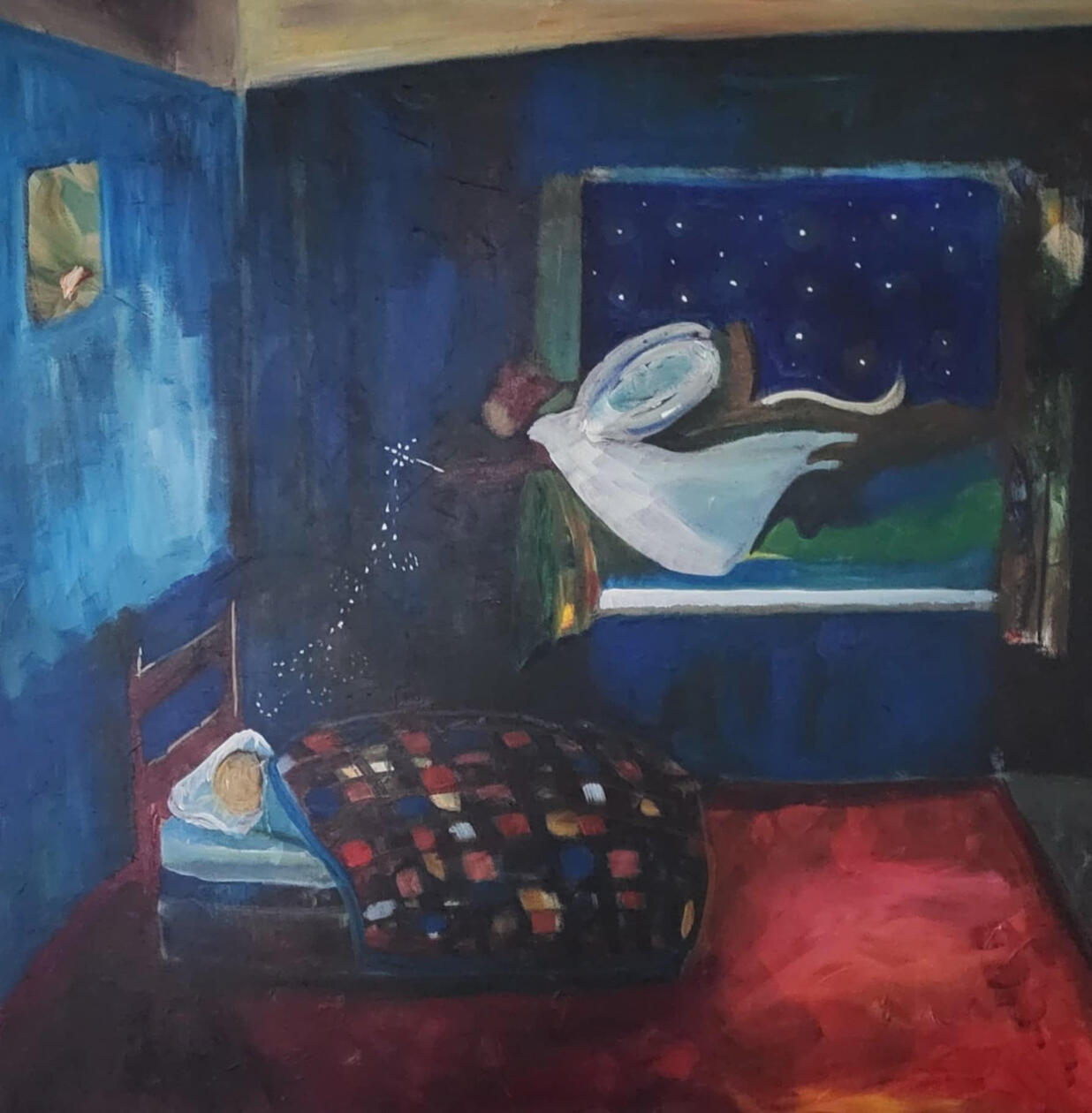 original painting by singerluciewalker of an angel sprinkling ferry dust onto a sleeping child, who is under a colorful quilt in a blue bedroom