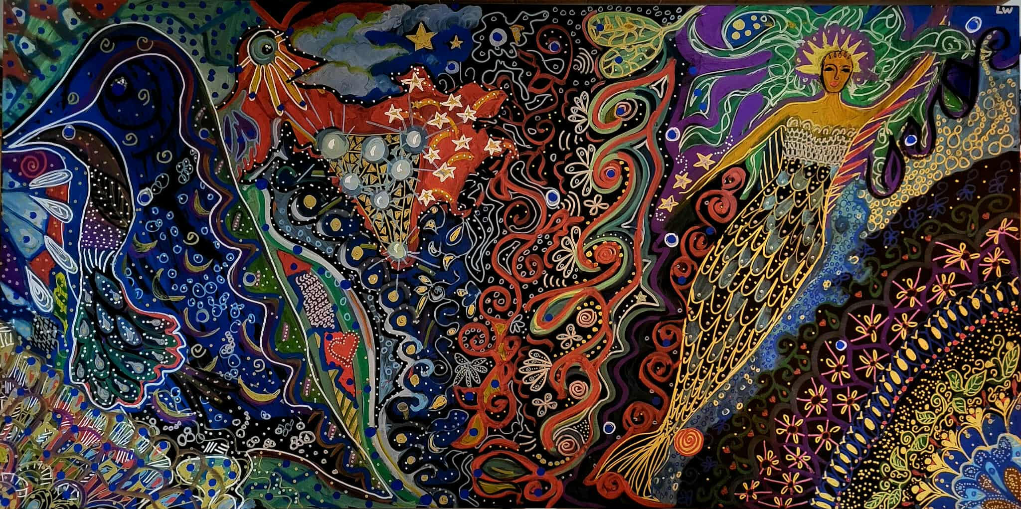 photo by Lucie Walker photof of a ceramic crow, a ceramic plate of gemstones, a lit salt lamp, a fern, some hanging ornaments in a window