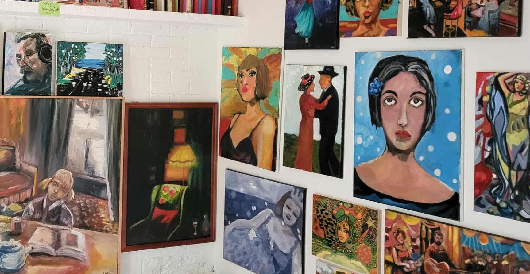 original painting by singerluciewalker advertising private painting workshops - whimsical women and paint yourself happy